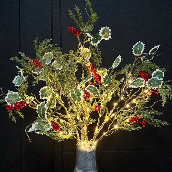 3 PCS Lighted Christmas Evergreen Sprig Branches Tree, Handmade Design with Red Berries Holly Leaves and Pine Leaves, 60 Lights in Total, Timer, Battery Operated for Home Vase Indoor Outdoor