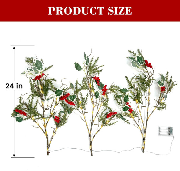 3 PCS Lighted Christmas Evergreen Sprig Branches Tree, Handmade Design with Red Berries Holly Leaves and Pine Leaves, 60 Lights in Total, Timer, Battery Operated for Home Vase Indoor Outdoor