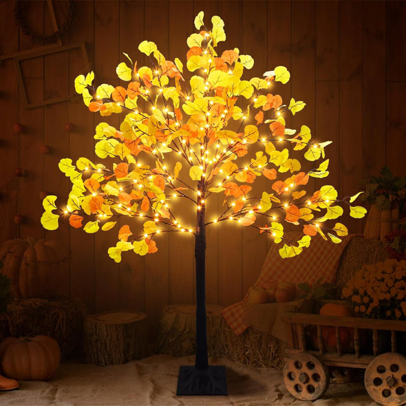 4 FT Prelit Fall Lighted Ginkgo Tree with 140 LEDs Timer Fall Tree with Lights & 8 Flashing Modes Autumn Decoration for Home Wedding Indoor Outdoor Thanksgiving Halloween Christmas Decor