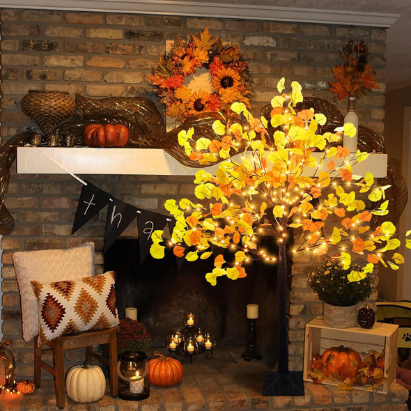 4 FT Prelit Fall Lighted Ginkgo Tree with 140 LEDs Timer Fall Tree with Lights & 8 Flashing Modes Autumn Decoration for Home Wedding Indoor Outdoor Thanksgiving Halloween Christmas Decor