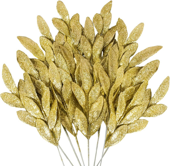 24 Pcs Artificial Glitter Gold Leaves,13" Glittered Christmas Gold Flowers Leaf Christmas Tree Picks and Sprays for Christmas Wreath Xmas Tree Ornaments Wedding Table Decorations