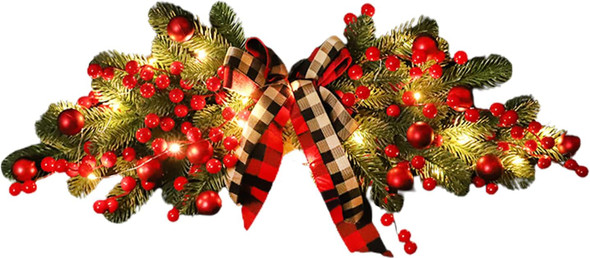 27.6 Inch Artificial Christmas Swag,Winter Pine Needles Decoration Swag with Ribbon Bow and Red Berry,Front Door Decor Christmas Wreath-with lamp