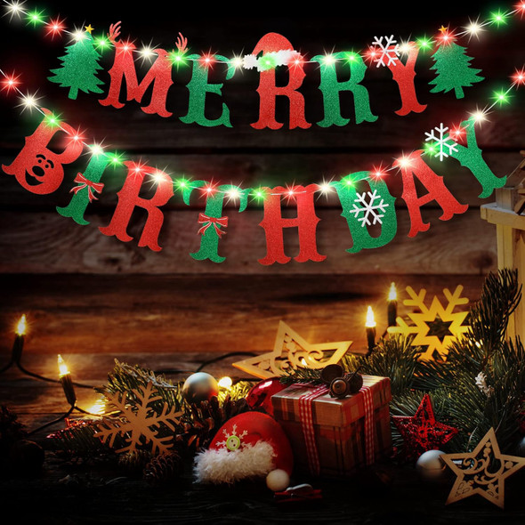 Merry Birthday Banner with Light, Christmas Birthday Party Decorations with 8 Modes Flashing String Lights for Kids Birthday Party Decorations, Christmas Birthday Garland Wall Fireplace Home Decor