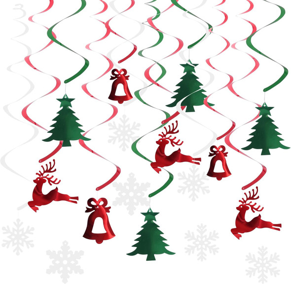 30 Pcs Christmas Hanging Foil Swirl Decorations Set, Xmas Hanging Reindeer Snowflake Green Christmas Tree Bell Swirls Decorations, Hanging String Garland for Indoor Holiday Winter Wall Party Office