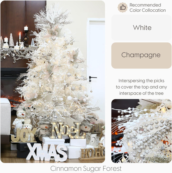 Sea Team 24-Pack Artificial Glitter Berry Stem Ornaments, Decorative Bead Sticks, Glittery Twigs, Picks, Branches for Christmas Tree, Small Vase, Holiday, Wedding, Party (15 Inches, White)