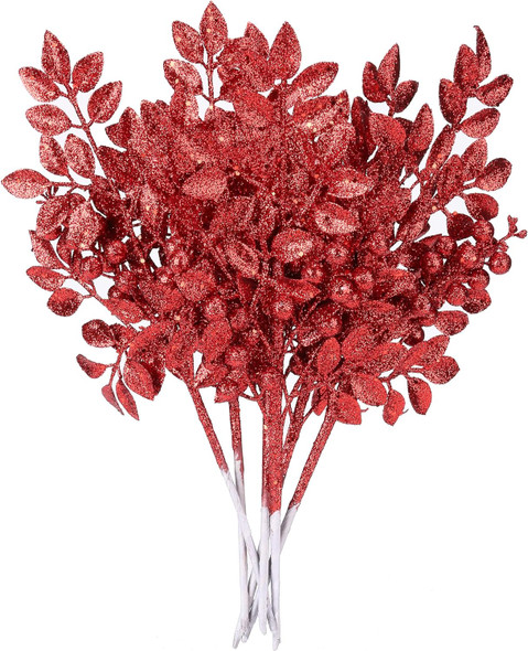 Sea Team 6-Pack Artificial Glitter Holly Berry Twigs, Bacca Stem Ornaments, Decorative Bead Sticks, Picks, Branches for Christmas Tree, Wreath, Vase Fillers for Centerpieces, Home Décor, Red