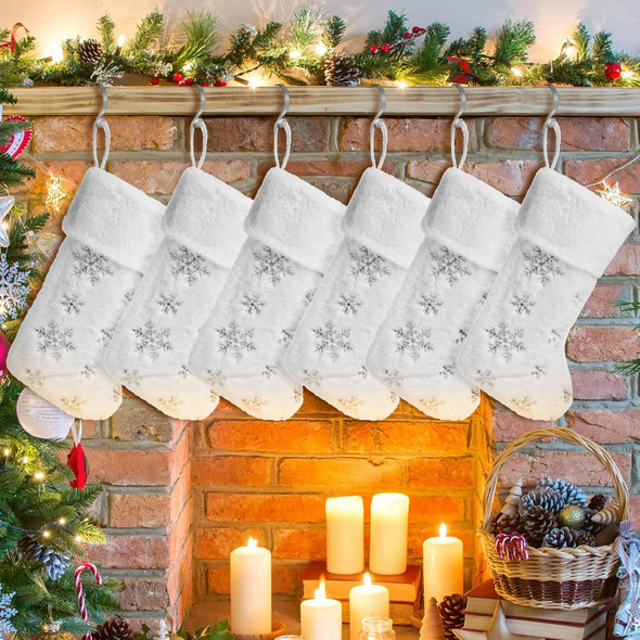 6 Pcs Christmas Stockings with 6 Pcs Stocking Holders Set 20 Inch White Faux Fur Xmas Stockings Embroidered Snowflake Xmas Stocking Large Family Holiday Fireplace Hanging Decor(Silver,Cute)