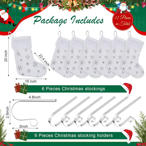 6 Pcs Christmas Stockings with 6 Pcs Stocking Holders Set 20 Inch White Faux Fur Xmas Stockings Embroidered Snowflake Xmas Stocking Large Family Holiday Fireplace Hanging Decor(Silver,Cute)
