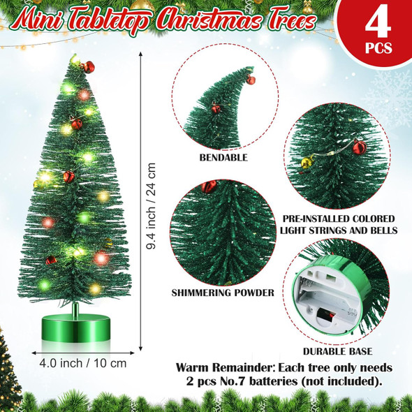 4 Pcs Mini Christmas Tree with Lights Bulk Mini Bottle Brush Trees 9.4 Inch Small Tabletop Christmas Tree Pre Lit Christmas Tree Xmas Tree for Christmas Decoration Xmas Holiday(Green)