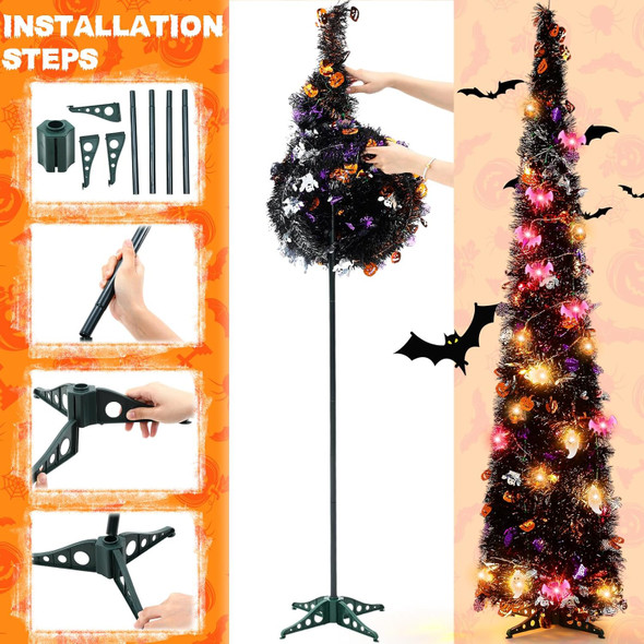 2 Pack 5ft Black Tinsel Halloween Christmas Tree, Pop Up Artificial Pencil Tree Indoor Home Outdoor Party Decorations