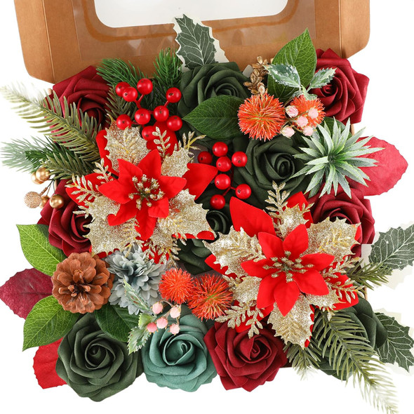 Senseya Artificial Christmas Flowers Poinsettia Combo Set, Mix Silk Flowers Fake Roses with Stems, for DIY Tree Ornaments Xmas Wreath Floral Arrangements Centerpieces Home Christmas Decorations