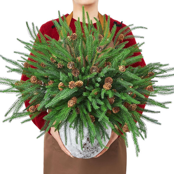 Serwalin 23.6“ Artificial Pine Branches, 12PCS Real Touch Norfolk Pine Branches with Pine Cones, Faux Christmas Greenary Picks for Xmas DIY Crafts Wreath Indoor Outdoor Home Decor