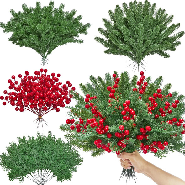 Serwalin 100 Pcs Artificial Pine Branches with Red Berry Stems,Fake Christmas Greenery Stems, Real Touch Pine Needles for DIY Christmas Garland Wreath Xmas Home Arrangements Decoration