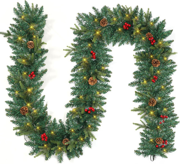 9 FT Christmas Garland with Lights，Battery Operated Lighted Garland with Pine Cones Red Berries Lush Branches，50 Warm White LED Lights，Christmas Decorations Indoor/Outdoor
