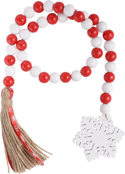 Christmas Wood Bead Garland - Red White Rustic Wooden Beads with Jute Rope Plaid Tassel Bead Garland for Year Winter Xmas Tiered Tray Décor Farmhouse Home Kitchen Wall Hanging Decoration
