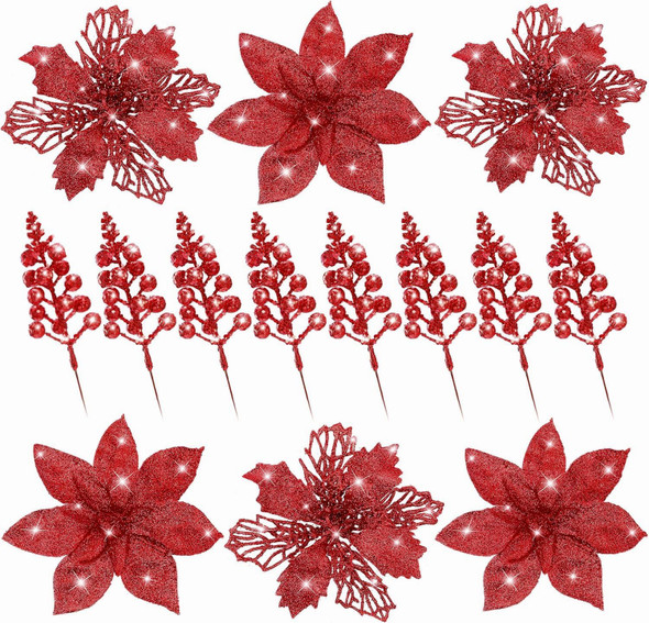 Sggvecsy 24 Pcs 2 Styles Christmas Glitter Poinsettia Flowers Artificial Berry Picks Christmas Tree Ornaments Artificial Christmas Flowers with Clips for Xmas Wedding Wreath Floral Decorations(Red) Sggvecsy 24 Pcs 2 Styles Christmas Glitter Poinsettia Flowers Artificial Berry Picks Christmas Tree Ornaments Artificial Christmas Flowers with Clips for Xmas Wedding Wreath Floral Decorations(Red)