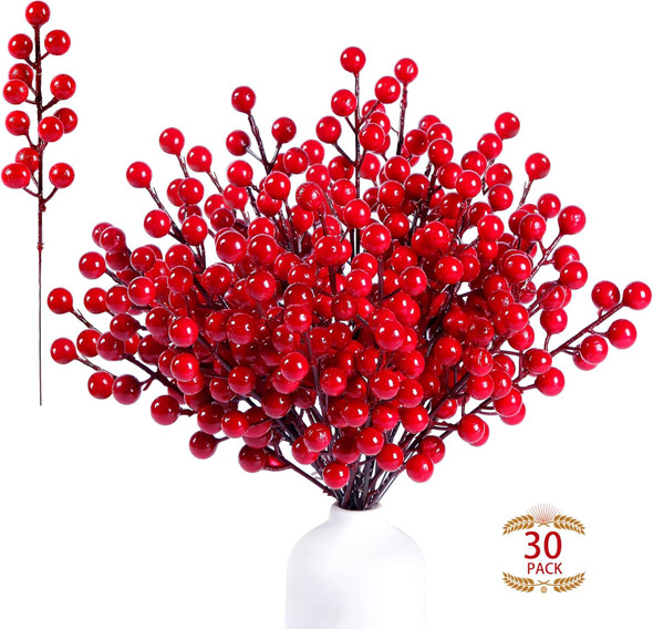 Sggvecsy 30 Pack Artificial Red Berry Stems 8.9inch Christmas Red Berry Picks Holly Berry Branches for Christmas Tree Decorations Holiday DIY Crafts Xmas Ornaments Wedding Home Decor