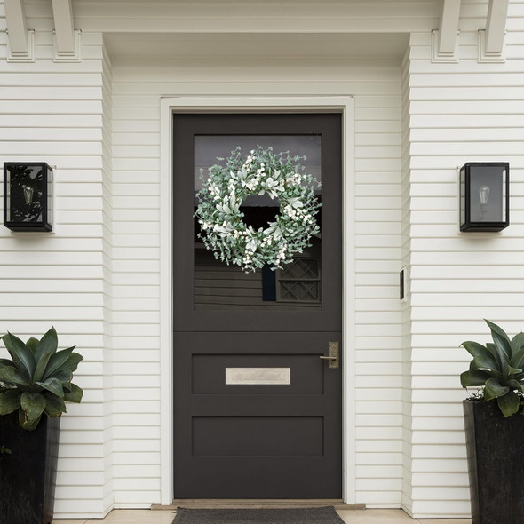 Sggvecsy Artificial Greenery Leaves Wreath for Front Door 22 Inch Greenery Boxwood Wreath Flocked Lambs Ear Wreath with White Berries Spring Summer Wreath for Farmhouse Wall Home Indoor Outdoor Decor