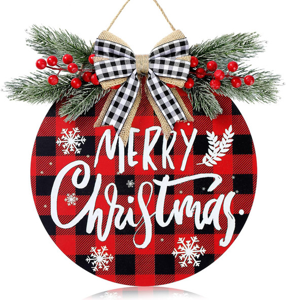 Sggvecsy Christmas Door Sign Buffalo Plaid 12'' Welcome Sign Xmas Decorations Merry Christmas Wreath for Porch Wall Hanging Wreath Rustic Farmhouse Window Holiday Winter Wooden Indoor Outdoor Decor