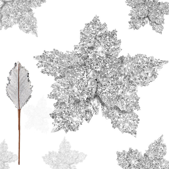 Sggvecsy 10 Pcs Christmas Glitter Flowers 9.8inch Christmas Tree Ornaments Shining Artificial Poinsettia Stems Floral Picks for Xmas Holiday Wedding Wreath Party Floral Decorations(Silver)