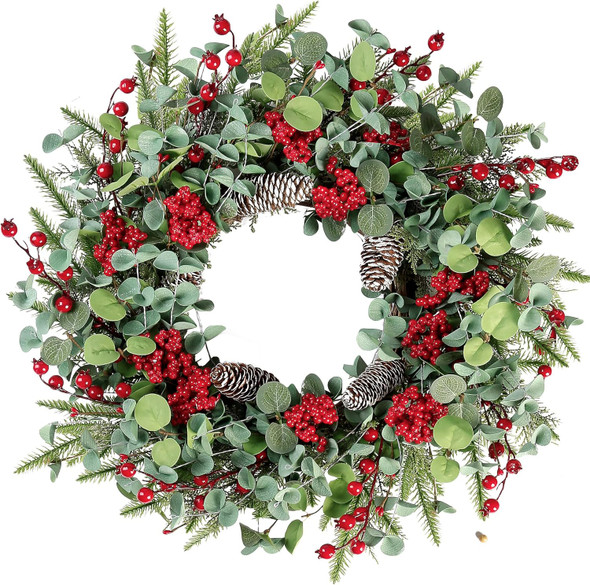 Sggvecsy 22 Inch Artificial Christmas Wreath for Front Door Xmas Red Berry Wreath with Pine Needles Pine Cones Eucalyptus Leaves Christmas Decorations for Winter Wall Outdoor Home Holiday Xmas Decor