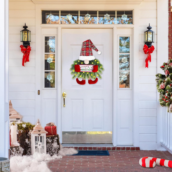 Sggvecsy Christmas Wreath Gnome Wreath with Lights Santa Gnome Christmas Hanging Sign Front Door Decoration Artificial Pine Spruce Wreath Swedish Tomte Wall Décor for Home Xmas Porch Indoor Outdoor