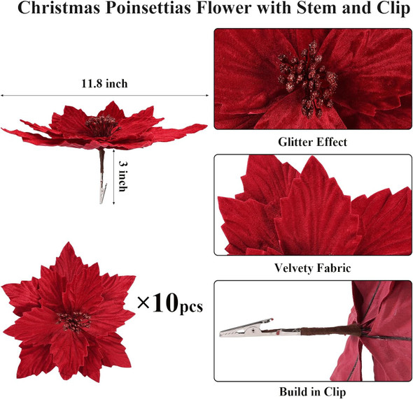 SHACOS 10 pcs 11.8" Artificial Christmas Red Poinsettia Flowers Clips on Large Velvet Floral Picks Christmas Tree Ornaments Wreath Garland Decoration Indoor Outdoor
