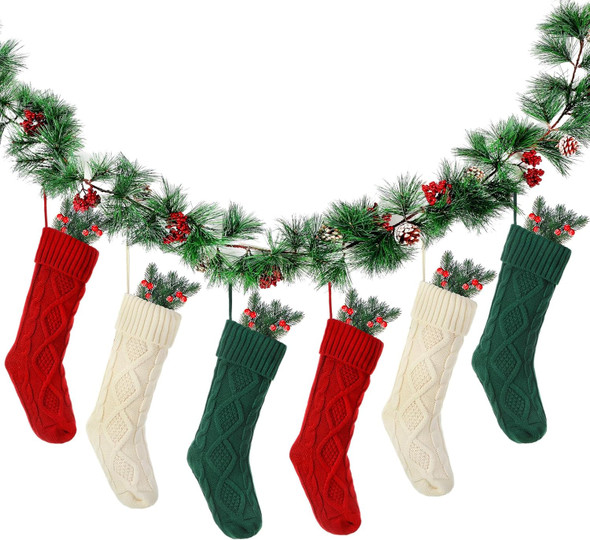 Shappy 6 Pc 18" Christmas Stockings with Artificial Pine Branches Garland 6.56 Ft Knit Christmas Stocking with Red Berries Pine Cones for Family Home Xmas Party Decorations