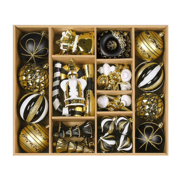 SHareconn 70pcs Christmas Balls Ornaments Set, Shatterproof Plastic Baubles, Ribbon and Tree Topper for Xmas Tree Holiday Wedding Party Decorations with Hanging Strings, Black, White and Gold