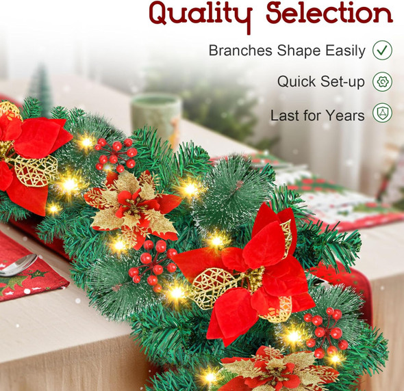 Christmas Garlands,Christmas Garland with Lights,Christmas Garland for Mantle,9ft Pre-lit Christmas Garland for Interior Decoration,Fireplaces,Stairs,Door Christmas Decorations Battery Operated