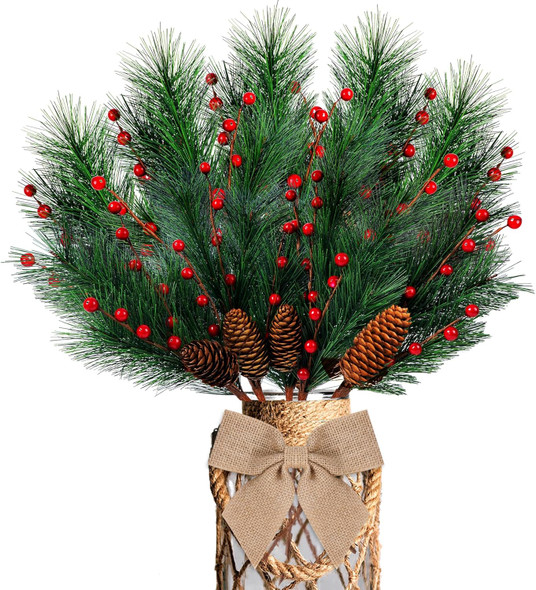 5 Pcs Artificial Christmas Berries Pine Picks Berry Pine Branches with Bow for Wreath DIY Faux Pinecone Craft Floral Arrangement Holiday Season Table Centerpieces and Xmas Tree Decor No Vase