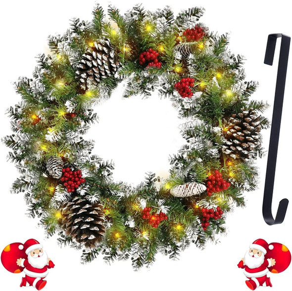Christmas Wreath Garland for Front Door, Pre-lit Artificial Xmas Garland with 50 LEDs Lights Battery Operated - Snowflake Red Berry Pinecone Fir Garland Come with Hook(18 Inch)