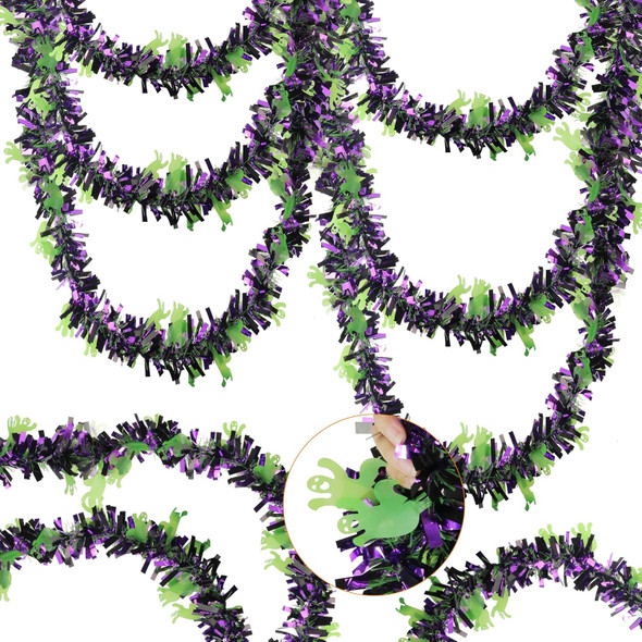 4 Pieces 32.8 Ft Halloween Ghost Tinsel Garland Green Purple Twist Garland Hanging Decorations for Halloween Holiday Birthday Party Supplies Indoor Outdoor Ornaments Home Decor