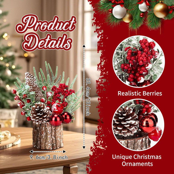 Christmas Decorations Indoor, Christmas Centerpiece Table Decorations, Small Artificial Tabletop/Desk Christmas Tree with Christmas Ornaments Pinecone Berry for Home Farmhouse Mantle Décor (Red)