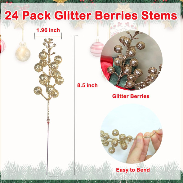24 Pieces Christmas Glitter Berries Stems Artificial Berry Twig Stem Berry Picks Decorations for Christmas Ornaments, DIY Xmas Wreath Holly Berry Holiday and Party Decor (Champagne)