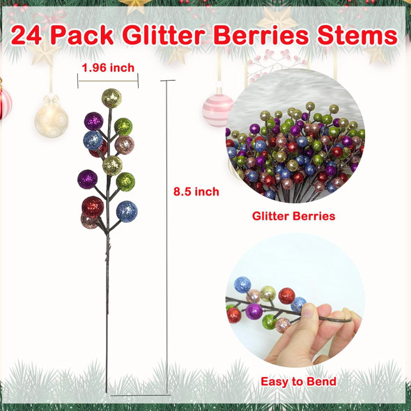 24 Pack Christmas Glitter Colorful Berries Stems for Christmas Tree Decoration,8.5" Artificial Christmas Berry Picks for Wreath DIY Crafts Garland Christmas Ornaments Decor (Colorful)
