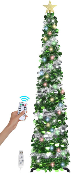 6 FT Pop Up Christmas Tree with Timer Colored Lights, Dual Colored Green Silver Tinsel Christmas Tree, Pencil Tree Collapsible Christmas Tree Xmas Decor for Home, Apartment, Party, Office