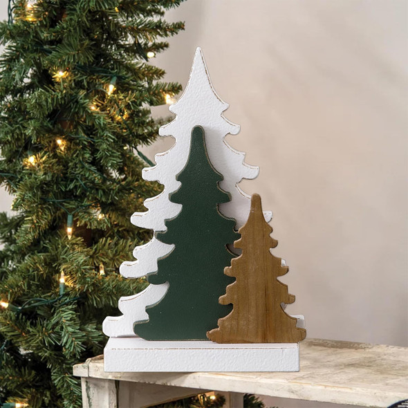 Farmhouse Tabletop Christmas Tree Decorations 10 Inch, Distressed White and Green Rustic Small Wooden Christmas Trees for Entryway Living Room Bedroom, Halloween Tables Centerpieces