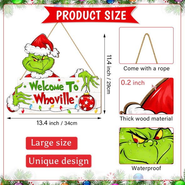 Christmas Door Sign Decorations, Welcome to Whoville Wreath for Front Door, Merry Grinchmas Wooden Ornaments Wall Door Hanger for Xmas Party Christmas Tree Winter Home Yard Holiday Decor