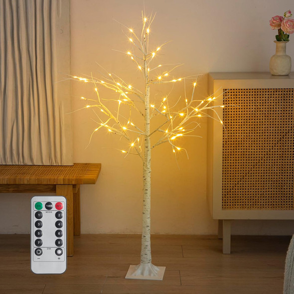 Lighted Birch Tree with 72 LED Warm White Light Up Tree Battery Birch Tree Artificial Tree Lamp for Centerpiece Mantel Christmas Decorations 8 Lighting Modes Remote Control (4FT)