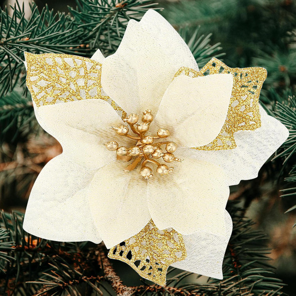 SITUMEIZI 24 Pcs Gold Poinsettia Artificial Christmas Flowers 5.5" Glitter Poinsettias Christmas Tree Decoration Flower with Stems & Clips for Wreath Xmas Tree Year Party Ornament Wedding