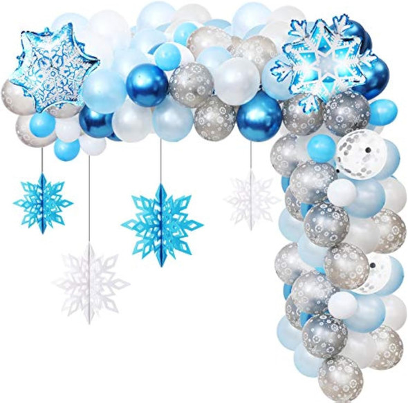 76 Pieces Snowflake Balloon Garland Arch Kit Winter Wonderland Decorations with Clear Silver Blue Paper Snowflake Decor and 100 Pieces Glue for Christmas Xmas Frozen Snow Party Favors Supplies