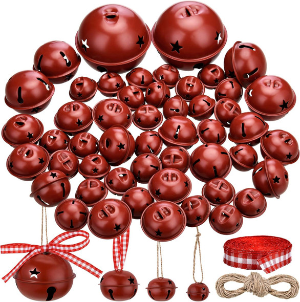 50 Pieces Bell with Star Cutout Metal Sleigh Bell Rustic Christmas Xmas Tree Ornaments Assorted Size with Hanging Ribbon and Rope for Holiday Wreath Garland Craft Decorations (Dark Red Bells)