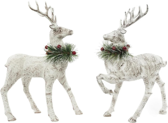 Christmas Reindeer Figurines Holiday Decoration White Deer Stag Standing Indoor Decorative Ornaments with Green Pine Wreath For Xmas Winter Fireplace Desk Party Wonderland Decor, 12", 2packs