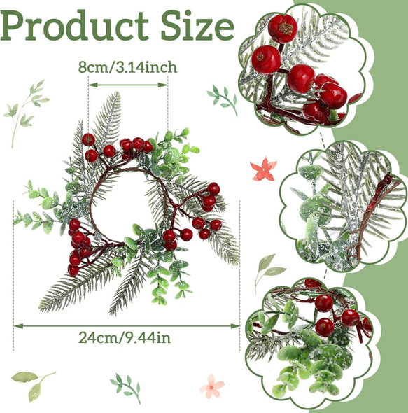 Sliner 6 Pcs Christmas Candle Rings Wreaths Decor Artificial Red Berries Snowy Pine Needles Candle Wreaths Hanging Garland Wreath Candle Holder for Pillars Kitchen Cabinet Home Table Centerpiece