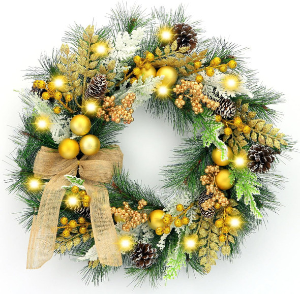 Large Christmas Wreath with Lights, 22 Inch Battery Operated Pre lit Gold Christmas Wreaths and Garland for Front Door Outdoor Indoor Windows Kitchen cabinets Car Pine Wreath Decor