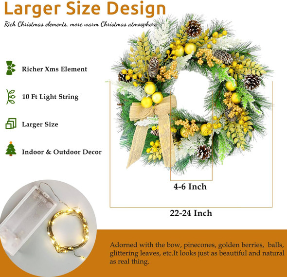 Large Christmas Wreath with Lights, 22 Inch Battery Operated Pre lit Gold Christmas Wreaths and Garland for Front Door Outdoor Indoor Windows Kitchen cabinets Car Pine Wreath Decor