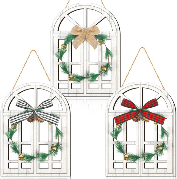 Soaoo 3 Pcs Christmas Wall Hanging Decor Wooden Decoration Front Door Window Plaque Signs Indoor Outdoor Christmas Hanging Ornament Arch with Wreath Bow for Holiday Party School Office Home Farmhouse