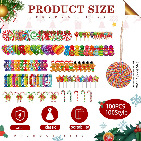 Soaoo 100 Pieces Christmas Peppermint Candy Hanging Ornaments Wood Christmas Tree Ornaments Set Lollipop Gingerbread Candy Cane Decorations with Rope Decorative Hanging Ornaments for Xmas (Stylish)