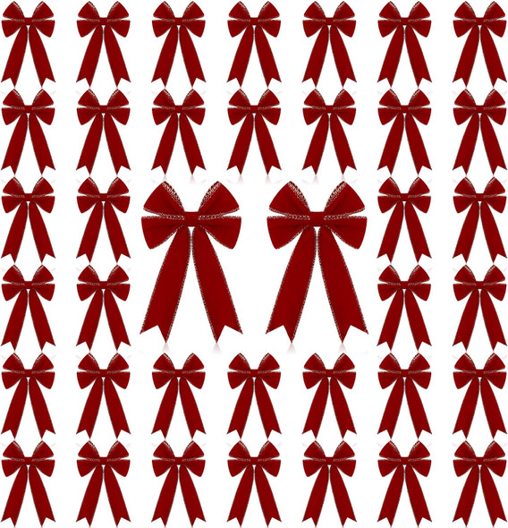 24 Pcs Velvet Christmas Wreath Bow 5 x 7.9 Inch Rustic Velvet Christmas Bows Vintage Christmas Tree Ornaments Bows for Xmas Holiday Garland Home Decor Wedding Outdoor Indoor Decoration (Red)